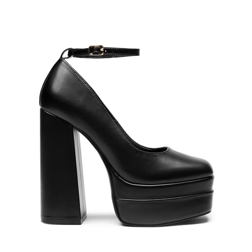 Women's Platform High Heels Closed Toe Chunky Block Pumps Square Toe Ankle Strap Dress Fashion Party Y2K Shoes