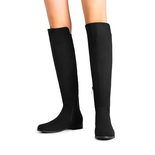 Women's Knee-High Boots Comfortable Flat Low Heel Round Toe Stretchy Suede Slouch Boots with Side Zipper