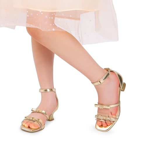 Girls Sandals Low Heel Dress Pump Ankle Strap Two Strapped Bow Flower Wedding Party Shoes for Little Kid/Big Kid