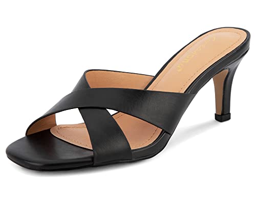 Women's Square Toe Summer Heels Mules Cross Strap Slip on 2.5 Inch kitten Heeled Sandals