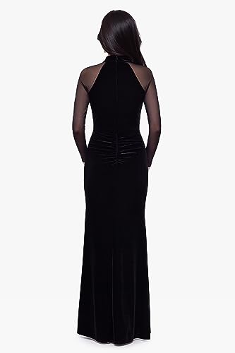 Women's Long Velvet Illusion Sleeve Mock Neck Ruched Gown