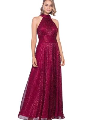 Women's Sleeveless Halter Metallic Crinkle Long Formal Dress