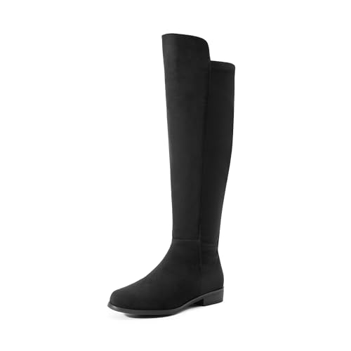 Women's Knee-High Boots Comfortable Flat Low Heel Round Toe Stretchy Suede Slouch Boots with Side Zipper