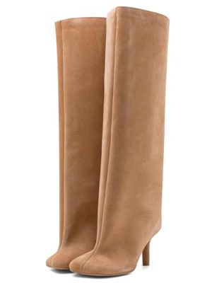 Women's Knee High Suede Boots for Women Wide Calf Square Toe Stiletto Heels Tall Boots Pull On High Heel Long Booties