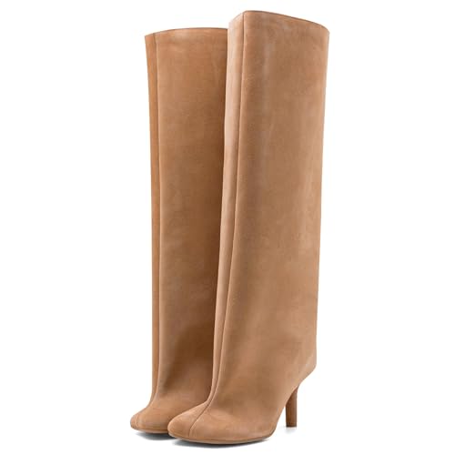 31M-oOwZ4QL.jpg Women's Knee High Suede Boots for Women Wide Calf Square Toe Stiletto Heels Tall Boots Pull On High Heel Long Booties