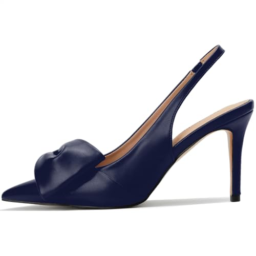 Women's Slingback Heels with Bow Pointed Toe Pumps with Elasticated Strap 3.3" High Heels for Evening Dress Shoes