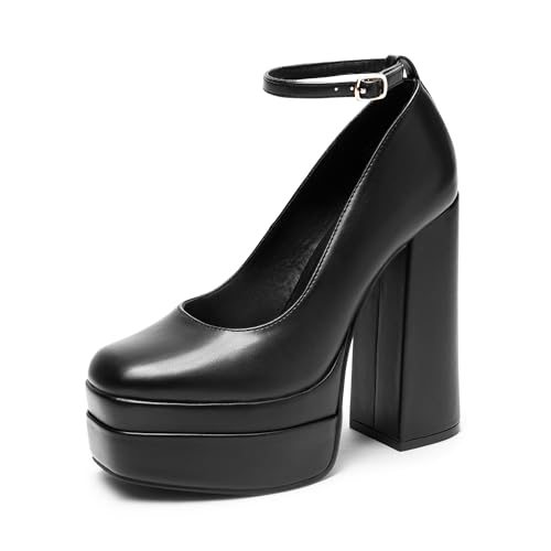 Women's Platform High Heels Closed Toe Chunky Block Pumps Square Toe Ankle Strap Dress Fashion Party Y2K Shoes