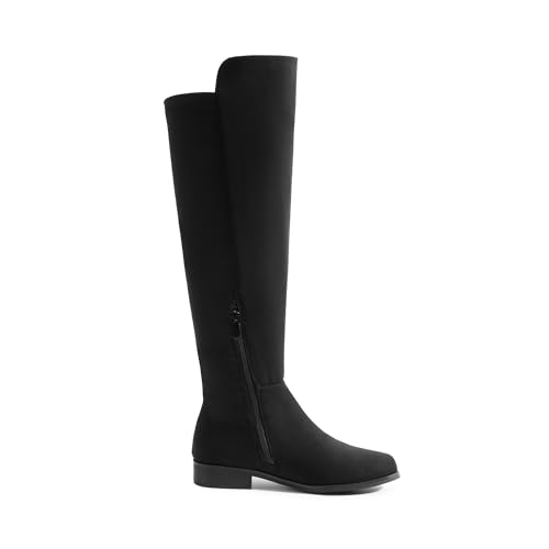 Women's Knee-High Boots Comfortable Flat Low Heel Round Toe Stretchy Suede Slouch Boots with Side Zipper