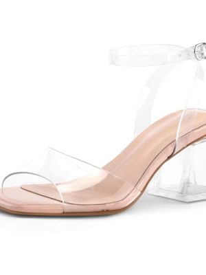 Women's Clear Heels Low Chunky Heel Open Toe Transparent Zebra Rhinestones Block Heeled Sandals Ankle Strap Shoes