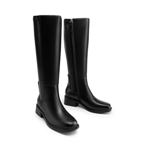 Women's Knee High Boots Square Toe Low Block Heel Casual Comfort Riding Long Boots with Side Zipper