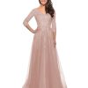 Women's Floral Lace Appliques 3/4 Sleeve Mother of The Bride Dresses Long V Neck Formal Dresses with Pockets YZTS028