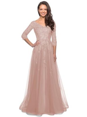 Women's Floral Lace Appliques 3/4 Sleeve Mother of The Bride Dresses Long V Neck Formal Dresses with Pockets YZTS028