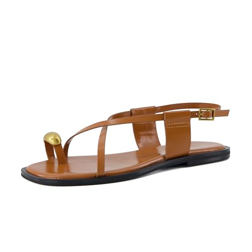 Corfu Flat Sandals for Women ??Strappy Design with Toe Loop and Adjustable Ankle Strap ??Lightweight Summer Dress Sandal