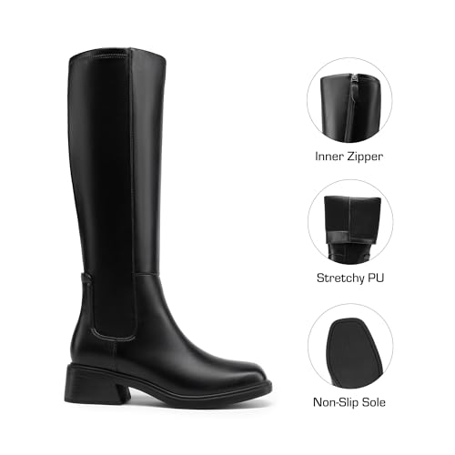Women's Knee High Boots Square Toe Low Block Heel Casual Comfort Riding Long Boots with Side Zipper