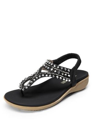 Women's Comfortable Dressy Flat Sandals Rhinestone Elastic T-Strap Thong Sandals for Summer Beach