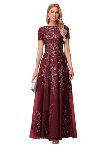 Lace Appliques Mother of The Bride Dresses Short Sleeves Long Sequin Beaded Formal Evening Prom Dress YO149