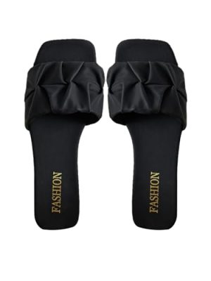Women's Pleated Square Toe Slide Flat Sandals Summer Trendy Sandals Wedding Sandals