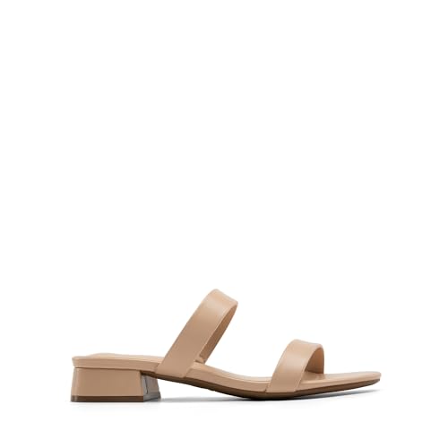 Women's Slides Heels Slip On Low Block Sandals Two Strap Open Round Toe Chunky Casual Summer Mules Shoes