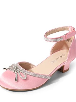 Girls Dress Shoes Closed Toe Low Heels Ankle Strap Pumps for Toddler Little Big Kid Flower Party Wedding Princess