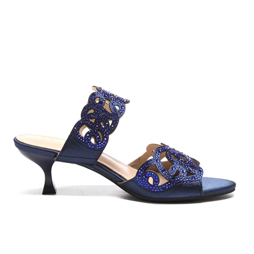 Womens Sparkly Kitten Heel Sandals,Ladies Summer Rhinestones Glitter Wedding Evening Slides Double Strap Dressy Casual Bling Low