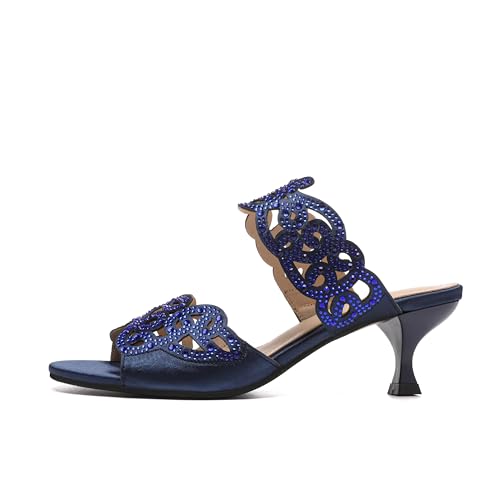 Womens Sparkly Kitten Heel Sandals,Ladies Summer Rhinestones Glitter Wedding Evening Slides Double Strap Dressy Casual Bling Low