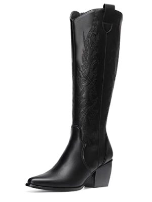 Womens Cowboy Boots Wide Calf Comfortable Pull On Zipper Chunky Heel Pointed Toe Embroidered Western Cowgirl Knee High Boots