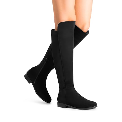 Women's Knee-High Boots Comfortable Flat Low Heel Round Toe Stretchy Suede Slouch Boots with Side Zipper