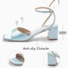 Womens Heeled Sandals Rhinestone Chunky Low Heels Satin Square Toe One Strap Ankle Buckle Dress Shoes