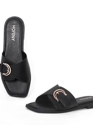 Womens Flat Sandals Round Open Toe Slip On Leather Slides for Summer