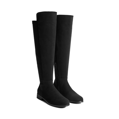 Women's Knee-High Boots Comfortable Flat Low Heel Round Toe Stretchy Suede Slouch Boots with Side Zipper