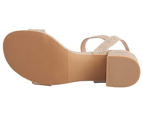 Women's Open Toe Ankle Strap Glitter Low Block Chunky Heels Sandals Dress Pumps Shoes