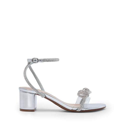 Women's Double Bowknots Crystal Sandals Low Chunky Heels Clear Slingback Dress Shoes for Wedding Bridal Party