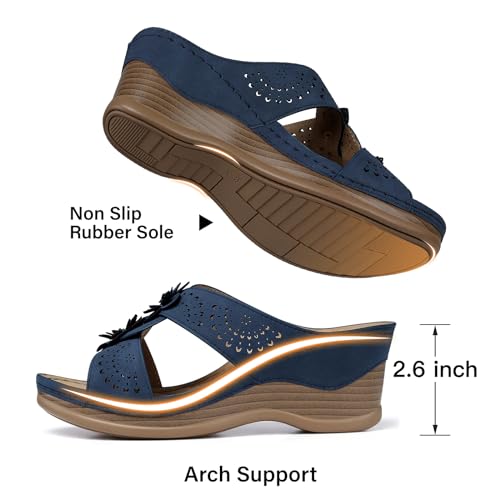 Womens Wedge Sandals Leather: Dressy Sandal, Rubber Sole, Comfortable Walking, Casual Slip on Summer Shoes, Size 5-11