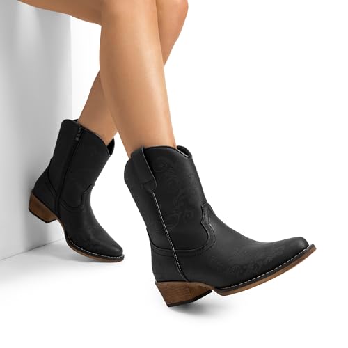 Women's Cowboy Cowgirl Western Ankle Boots Low Chunky Heels Square Toe Fall Short Booties Shoes
