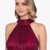 Women's Sleeveless Halter Metallic Crinkle Long Formal Dress