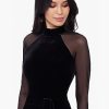 Women's Long Velvet Illusion Sleeve Mock Neck Ruched Gown