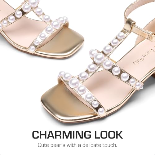 Girls Sandals Ankle Strap T-Strap Low Heel Pearl Flower Pump Dress Wedding Party Square Toe Shoes for Little Kid/Big Kid