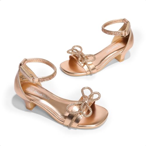 Girls Sandals Ankle Strap Square Toe Low Heel Bow Flower Dress Shoes