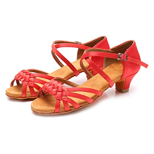 Girls Latin Dance Shoes Kids Low Heels Tango Salsa Ballroom Practice Dance Shoes, 1208,Red, 2 M Little Kid
