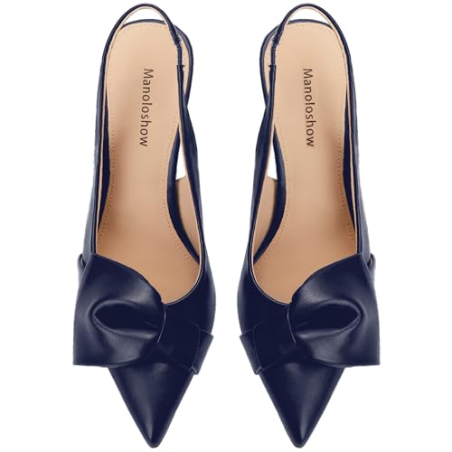 Women's Slingback Heels with Bow Pointed Toe Pumps with Elasticated Strap 3.3" High Heels for Evening Dress Shoes