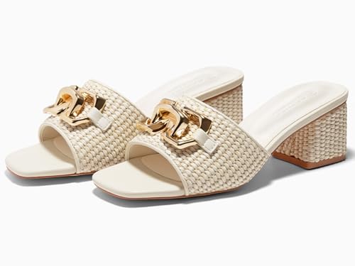 Womens Raffia Slide Sandals Chunky Block Heeled Square Open Toe Metal Chain Slip on Mules Dressy Shoes