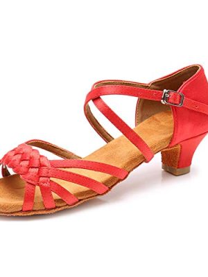 Girls Latin Dance Shoes Kids Low Heels Tango Salsa Ballroom Practice Dance Shoes, 1208,Red, 2 M Little Kid