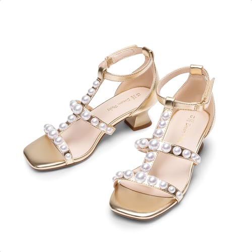 Girls Sandals Ankle Strap T-Strap Low Heel Pearl Flower Pump Dress Wedding Party Square Toe Shoes for Little Kid/Big Kid