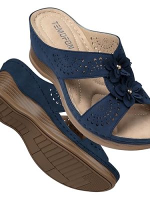 Womens Wedge Sandals Leather: Dressy Sandal, Rubber Sole, Comfortable Walking, Casual Slip on Summer Shoes, Size 5-11