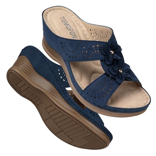 Womens Wedge Sandals Leather: Dressy Sandal, Rubber Sole, Comfortable Walking, Casual Slip on Summer Shoes, Size 5-11