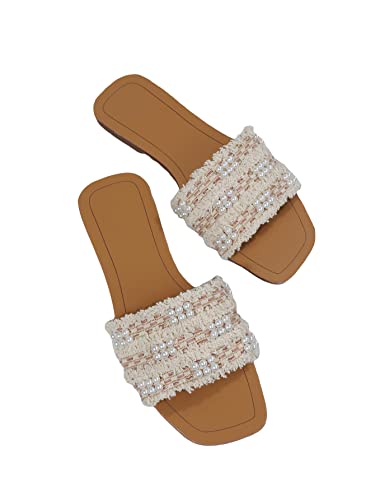 418ltzXGL.jpg Women's Summer Beach Flat Cute Sandals 2025 Color Block Faux Pearls Decor Leather Flat Slides