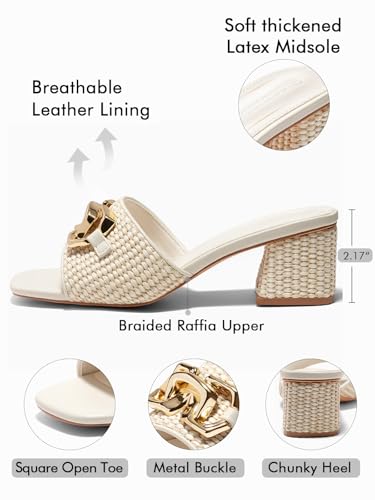 Womens Raffia Slide Sandals Chunky Block Heeled Square Open Toe Metal Chain Slip on Mules Dressy Shoes