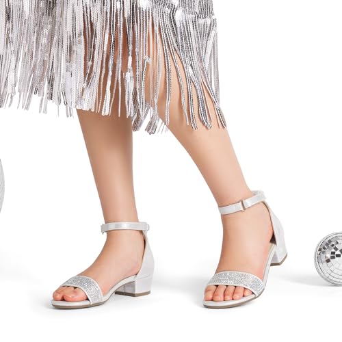 Girls Sandals Low Heel Dress Pump Ankle Strap Interchangeable Bow Flower Wedding Party Shoes for Little Kid/Big Kid
