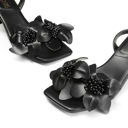 Women's Flower Wedding Heels Cute Square Toe Slingback Low Kitten Heels Sandals with Ankle Strap