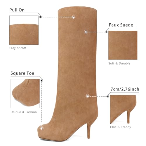 41FHkzd3NiL.jpg Women's Knee High Suede Boots for Women Wide Calf Square Toe Stiletto Heels Tall Boots Pull On High Heel Long Booties